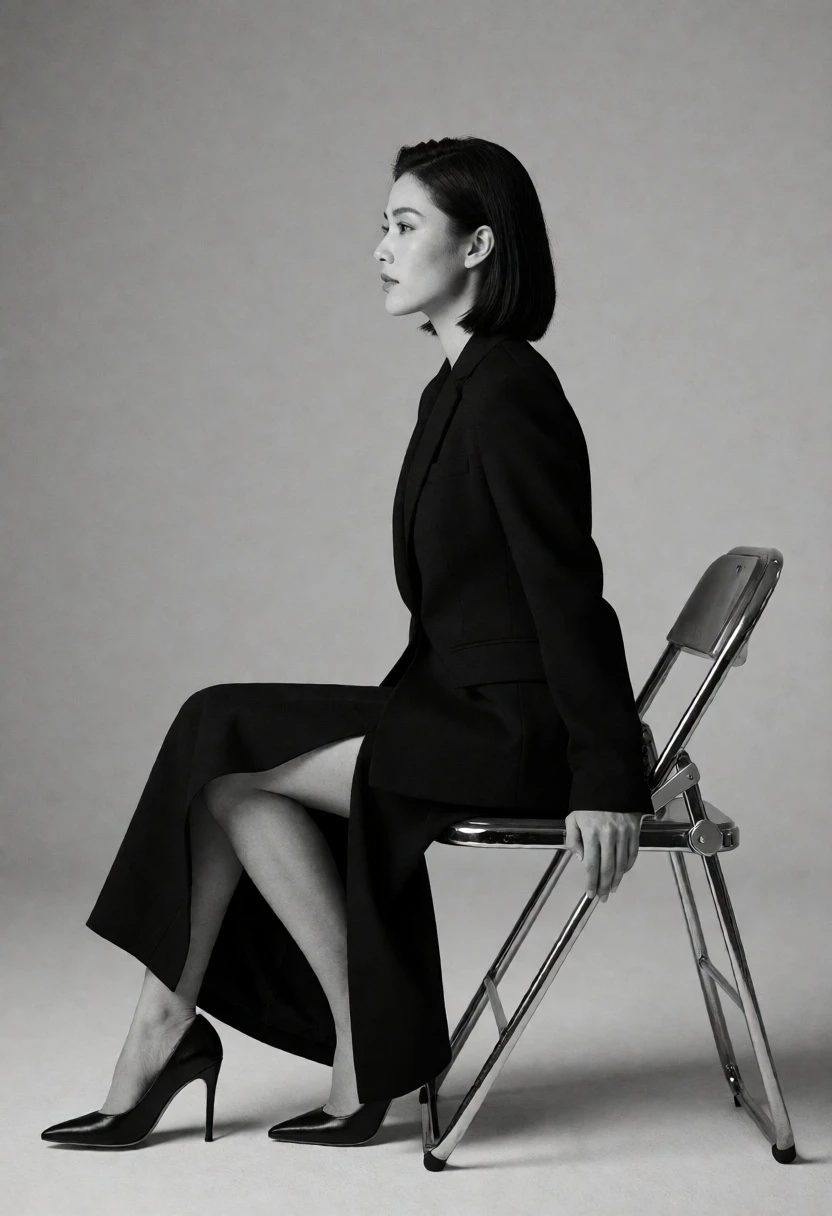 Woman in black tailored suit sitting sideways profile against grey studio backdrop - AI generated image prompt sample