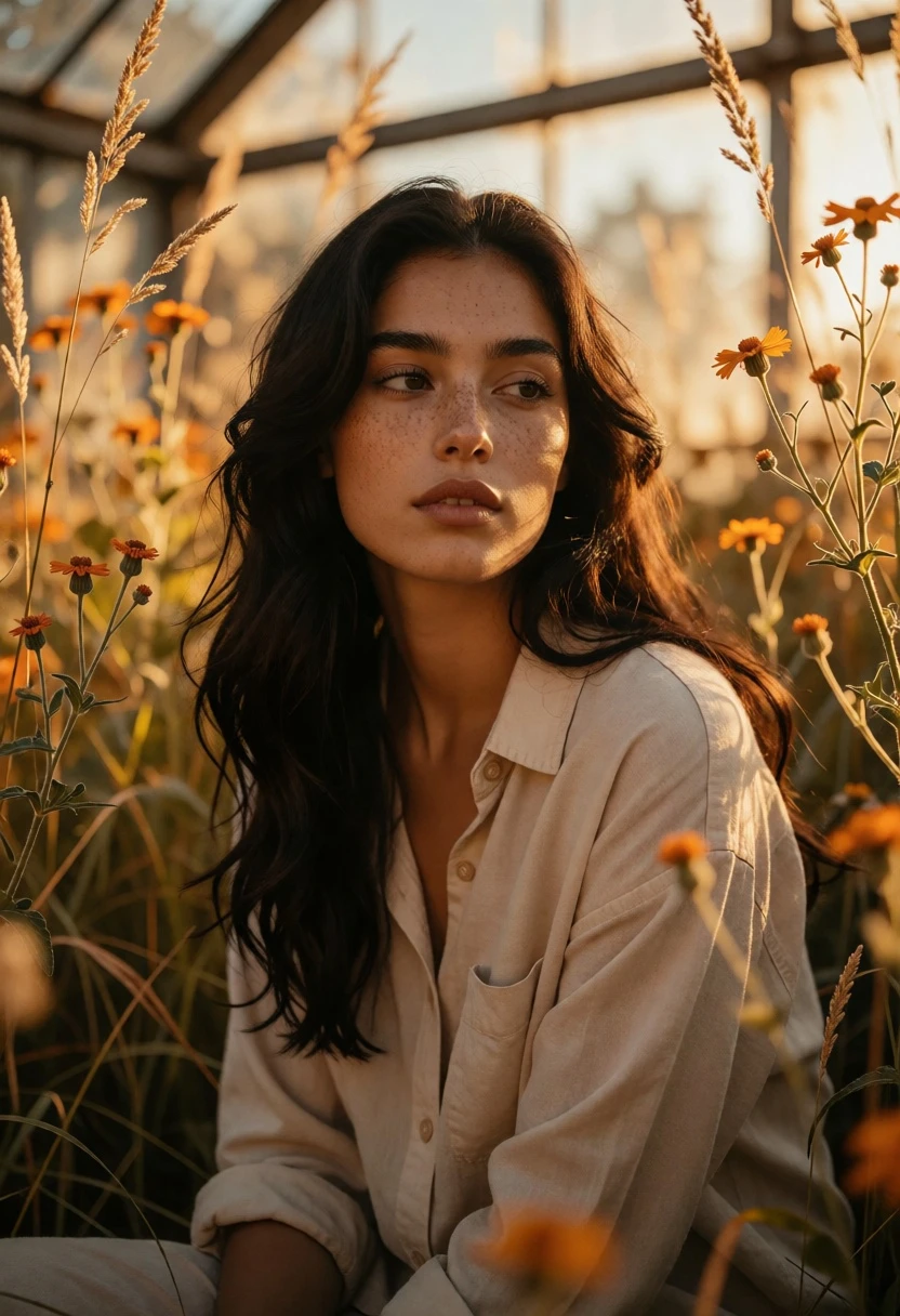 Young woman with dark wavy hair sitting in sunlit greenhouse grasses - AI generated image prompt sample