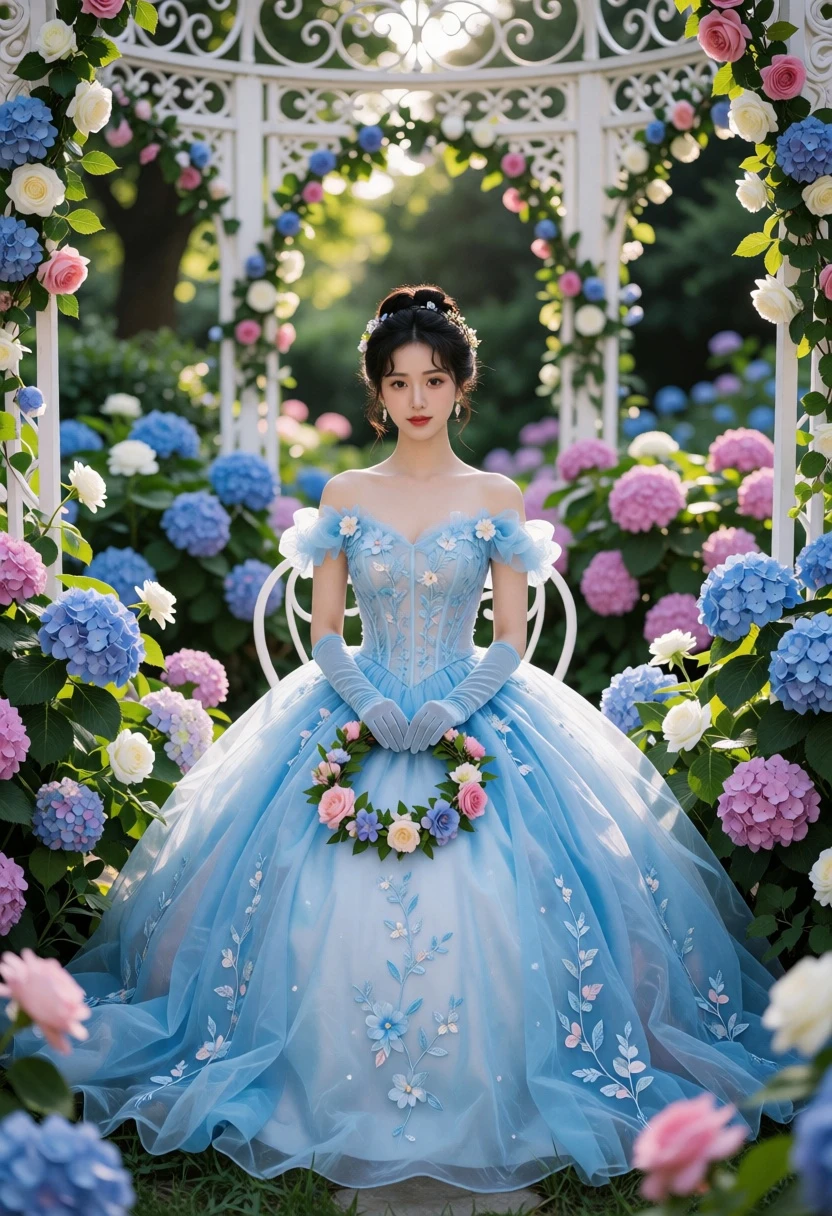 Poised woman in blue ballgown seated within ornate gazebo garden setting - AI generated image prompt sample