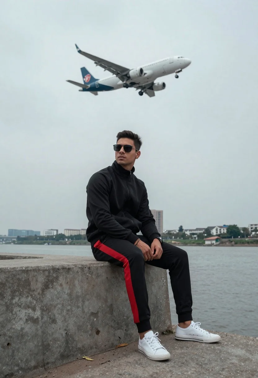 Man on ledge with airplane flying overhead by water