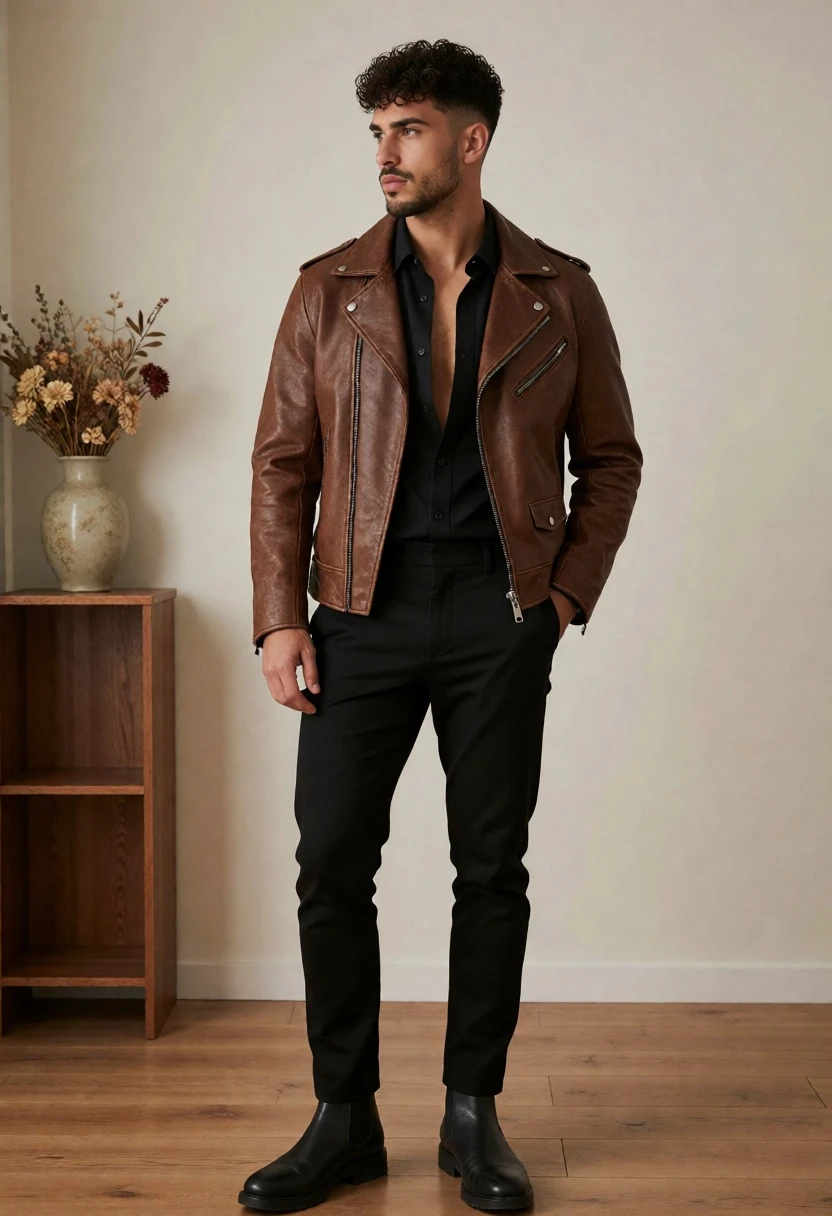 Full length photograph of man in brown leather jacket inside minimalist room - AI generated image prompt sample