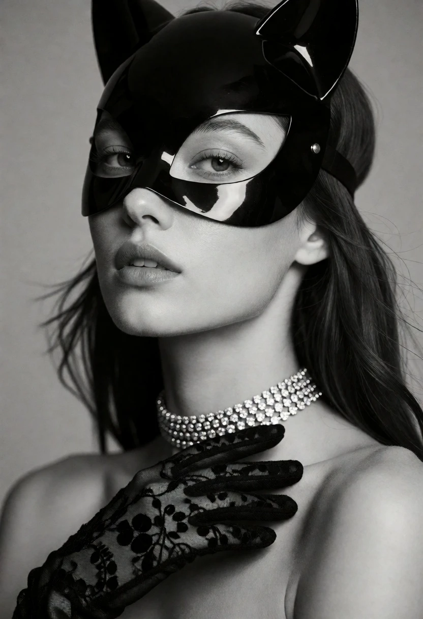 Black and white studio portrait of woman with cat mask and diamond - AI generated image prompt sample