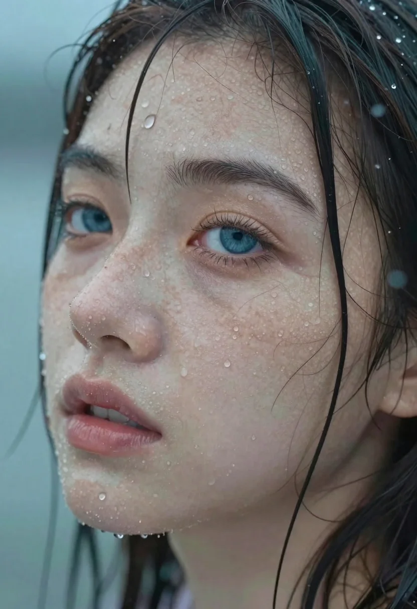 Close up portrait of wet woman with blue eyes - AI generated image prompt sample