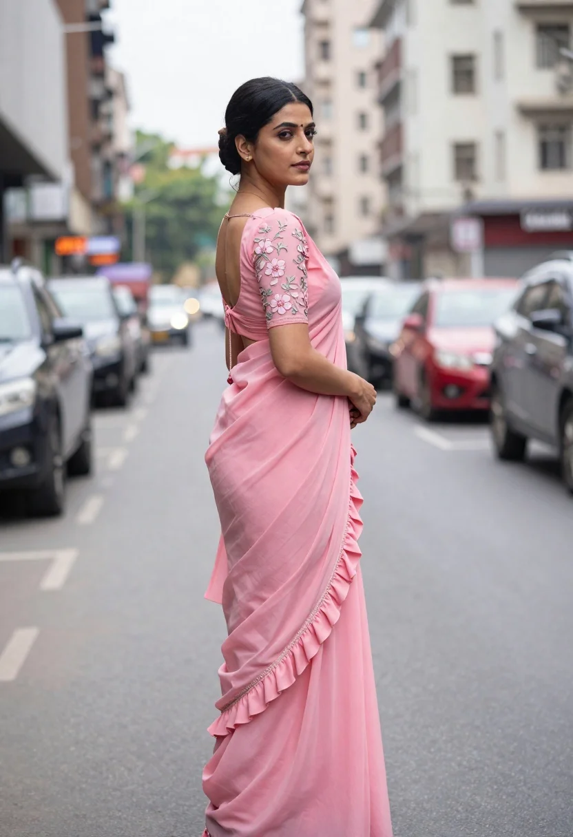 Young woman in pink saree looking back over shoulder on city street