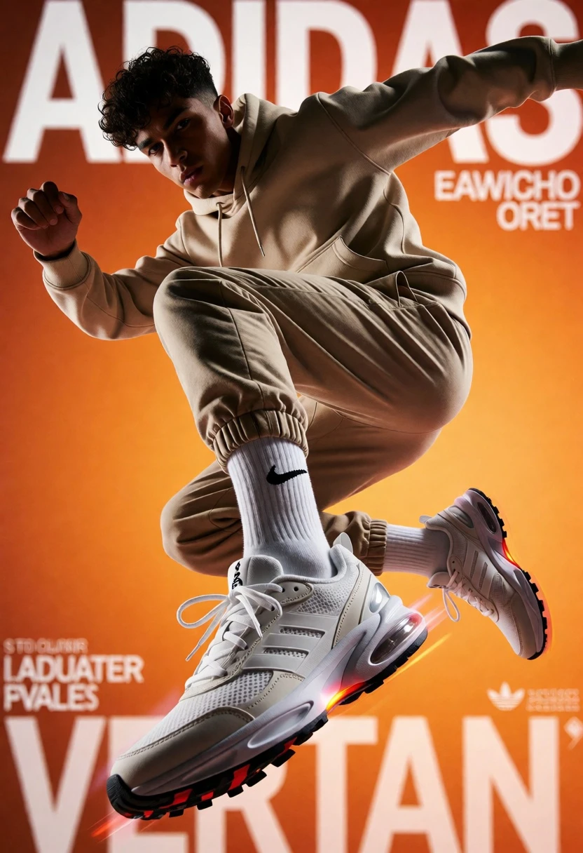 Low angle shot of male athlete midair jumping against orange background - AI generated image prompt sample