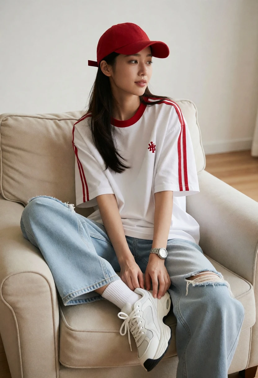 Young woman sitting on beige armchair in minimalist room with casual outfit - AI generated image prompt sample