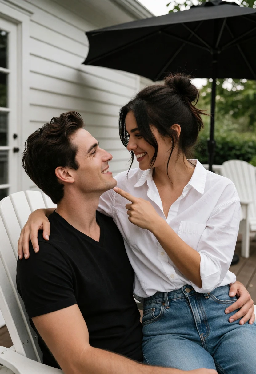 Intimate portrait of couple on porch sharing playful moment in daylight - AI generated image prompt sample