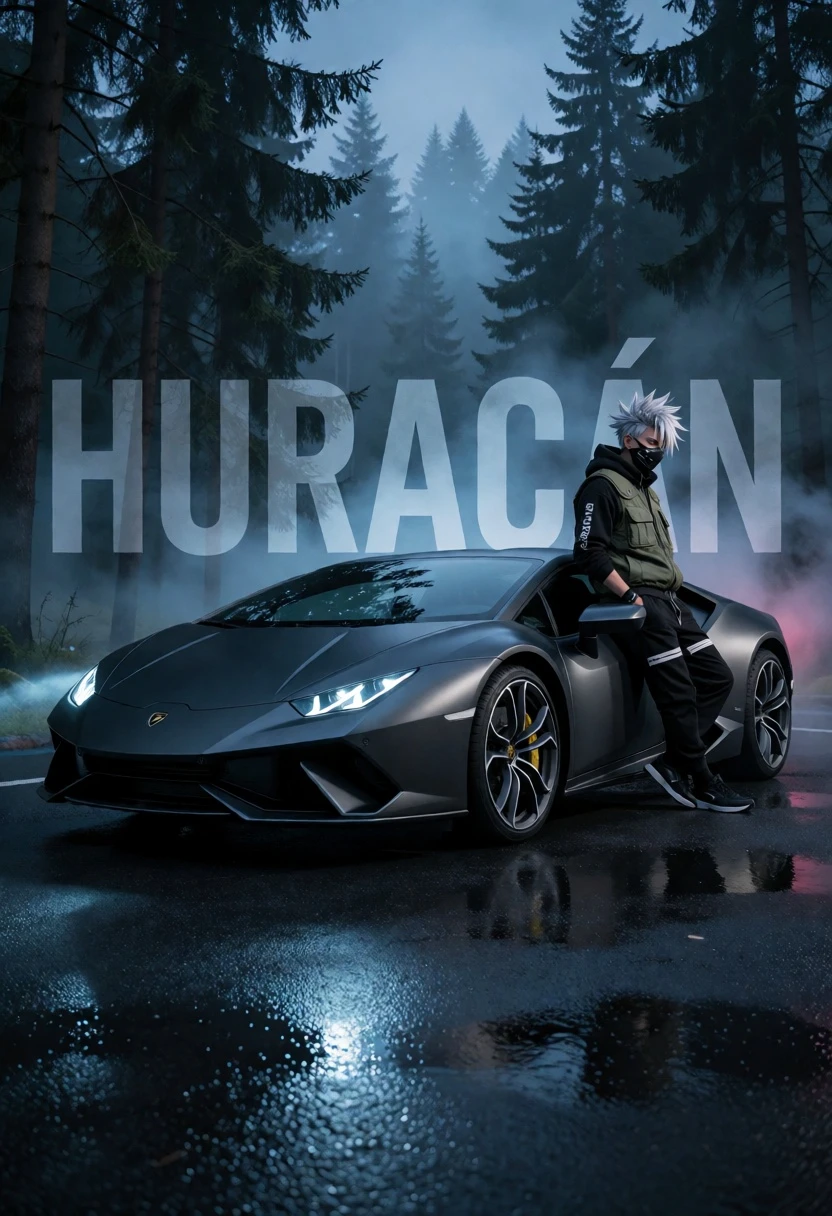 Matte grey supercar parked on wet asphalt in a misty pine forest - AI generated image prompt sample
