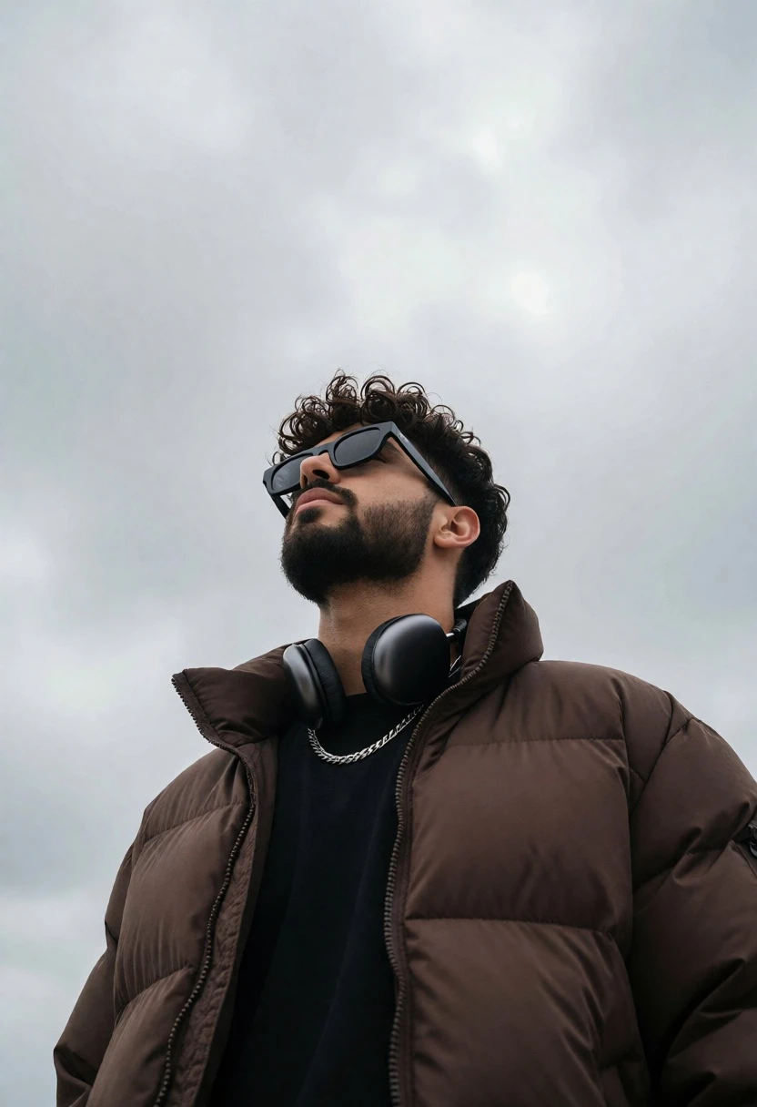 Low angle portrait of man looking up at vast overcast grey sky - AI generated image prompt sample