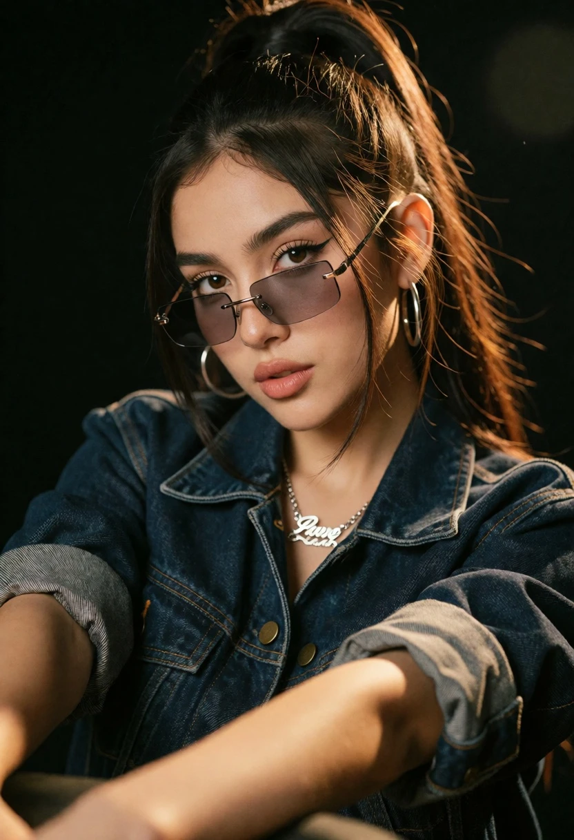 Close up portrait of young woman with dark hair wearing sunglasses against - AI generated image prompt sample