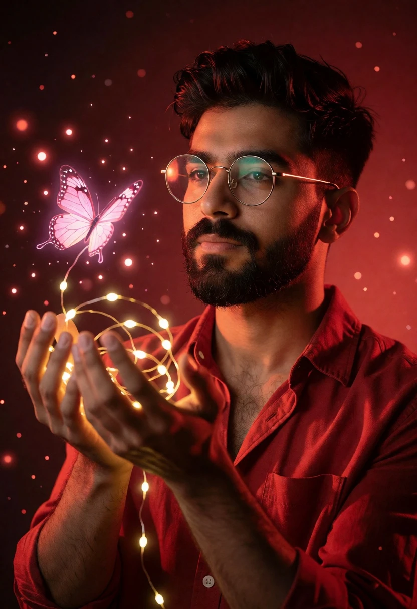 Man looking up at pink butterfly near cupped hands with fairy lights - AI generated image prompt sample