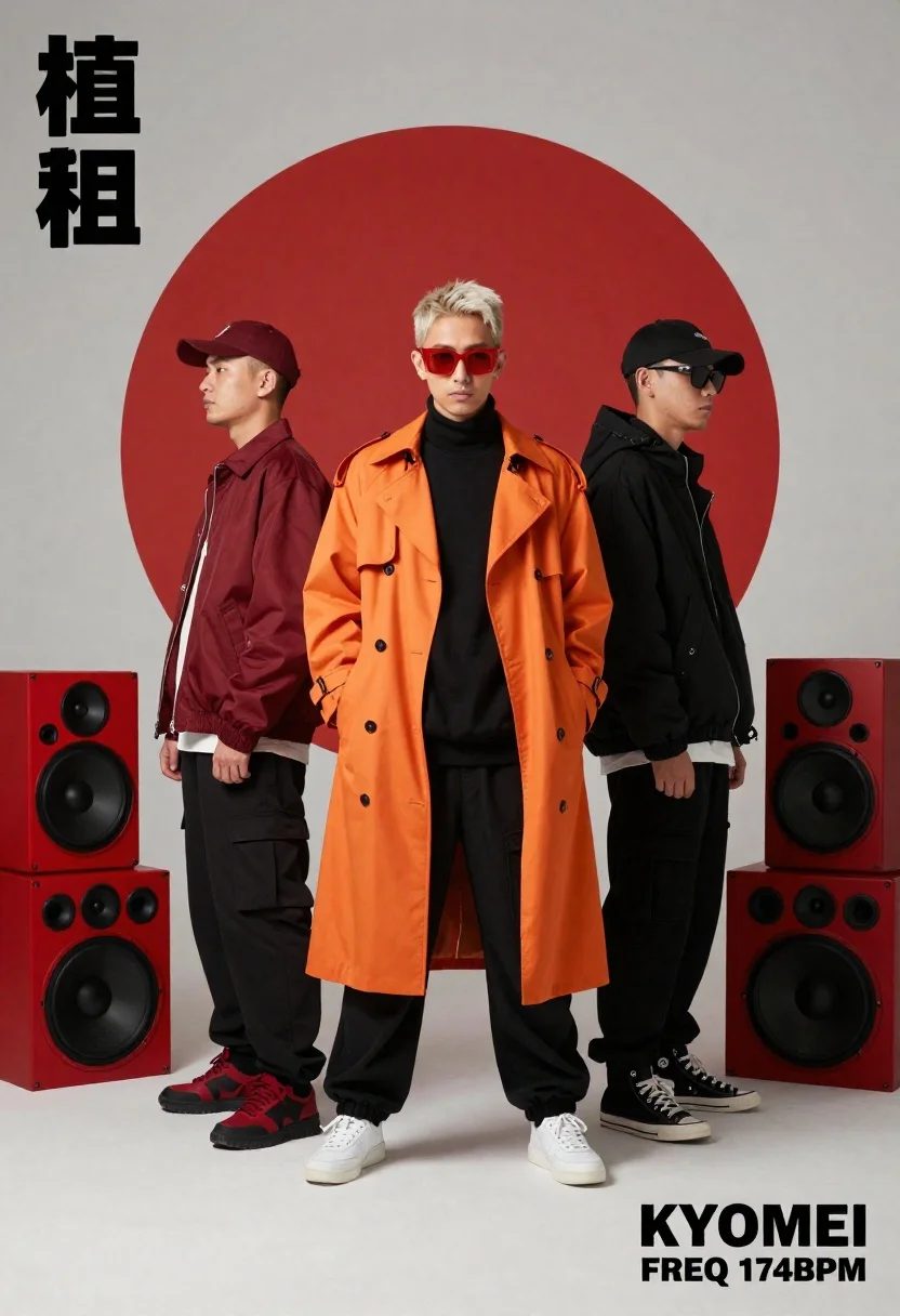 Three young people in orange coat against red circle studio backdrop - AI generated image prompt sample