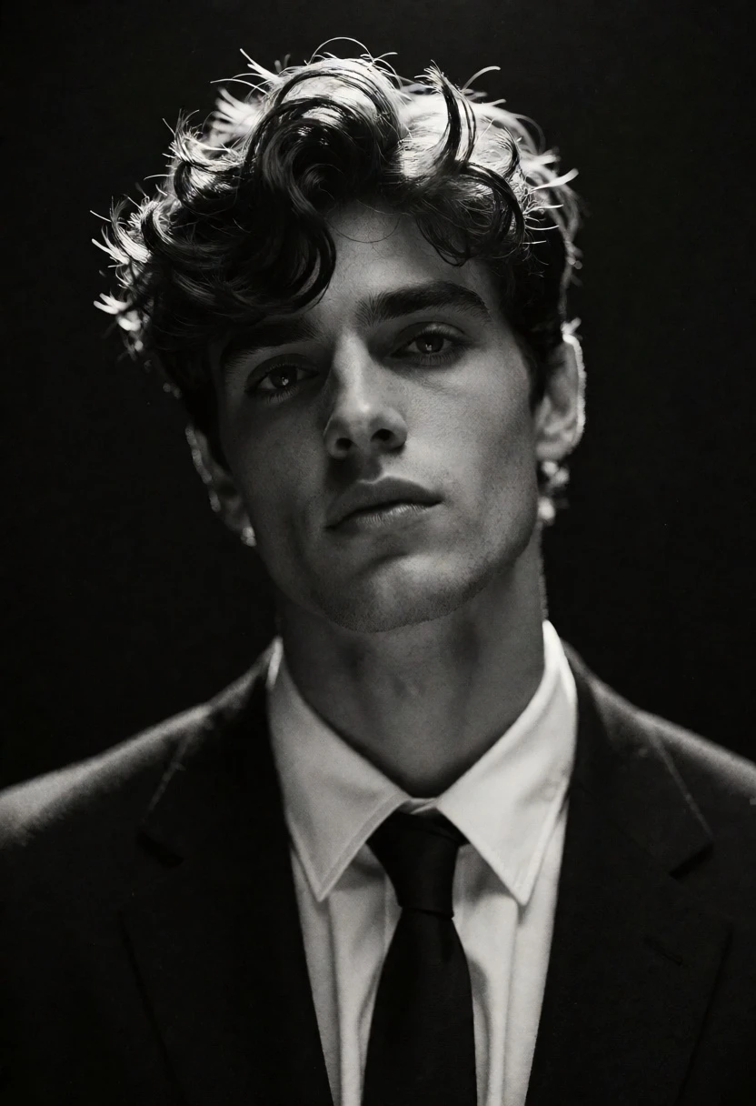 High contrast black and white portrait of young man in dark suit - AI generated image prompt sample
