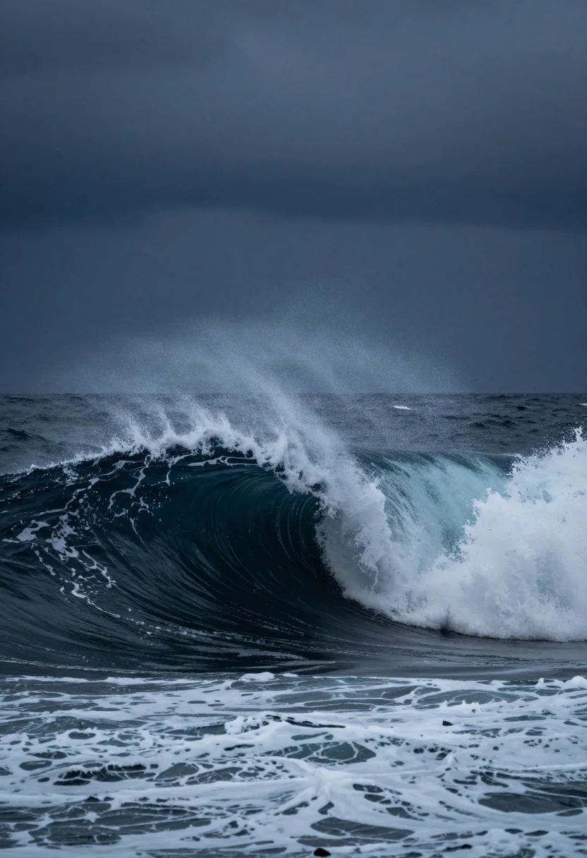 Massive dark ocean wave crashing violently under stormy grey sky - AI generated image prompt sample