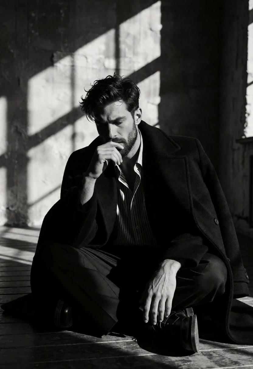 Man sitting cross legged in dimly lit room with dramatic window shadows - AI generated image prompt sample