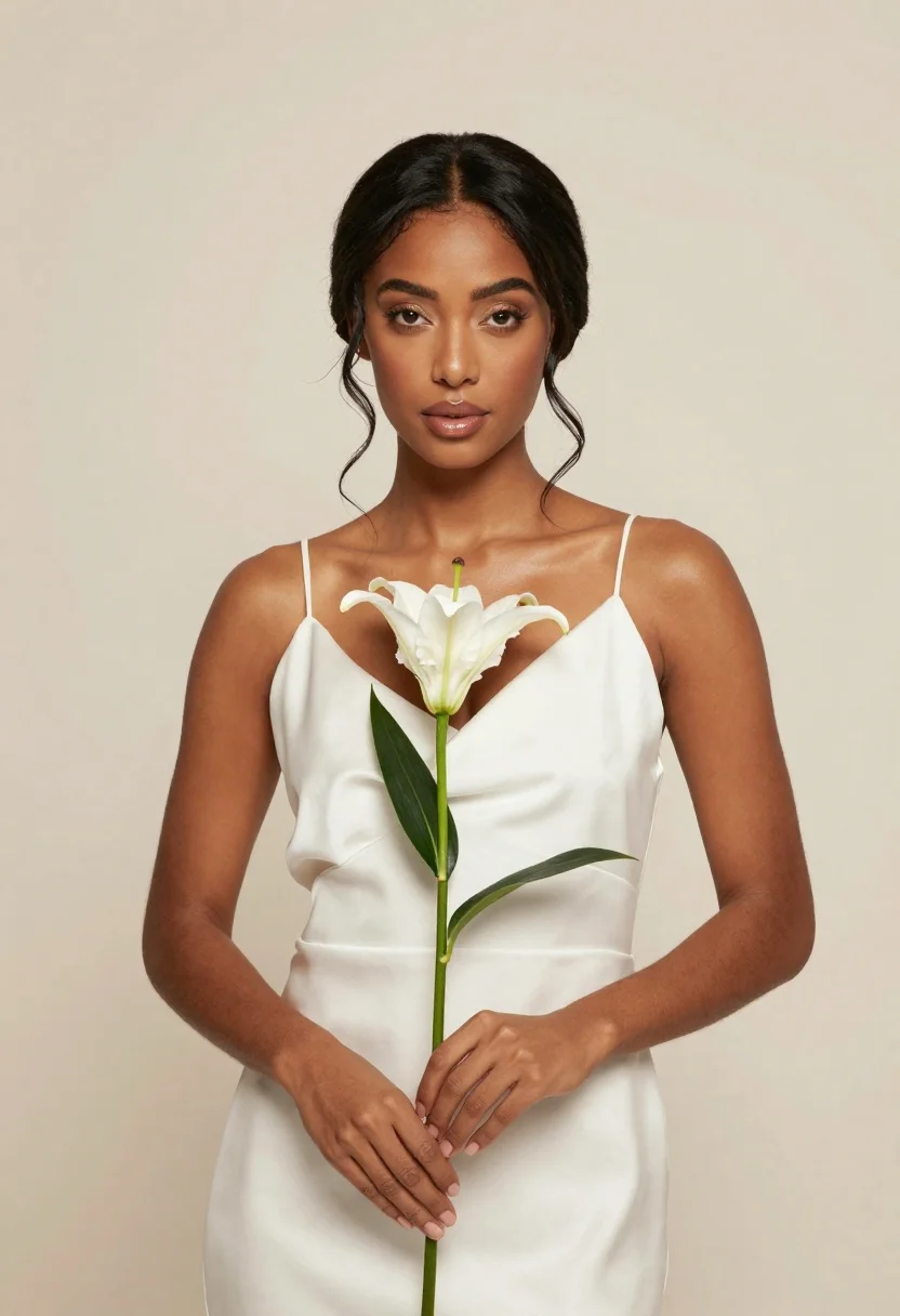 Woman with dark hair in updo holding white lily flower in studio - AI generated image prompt sample