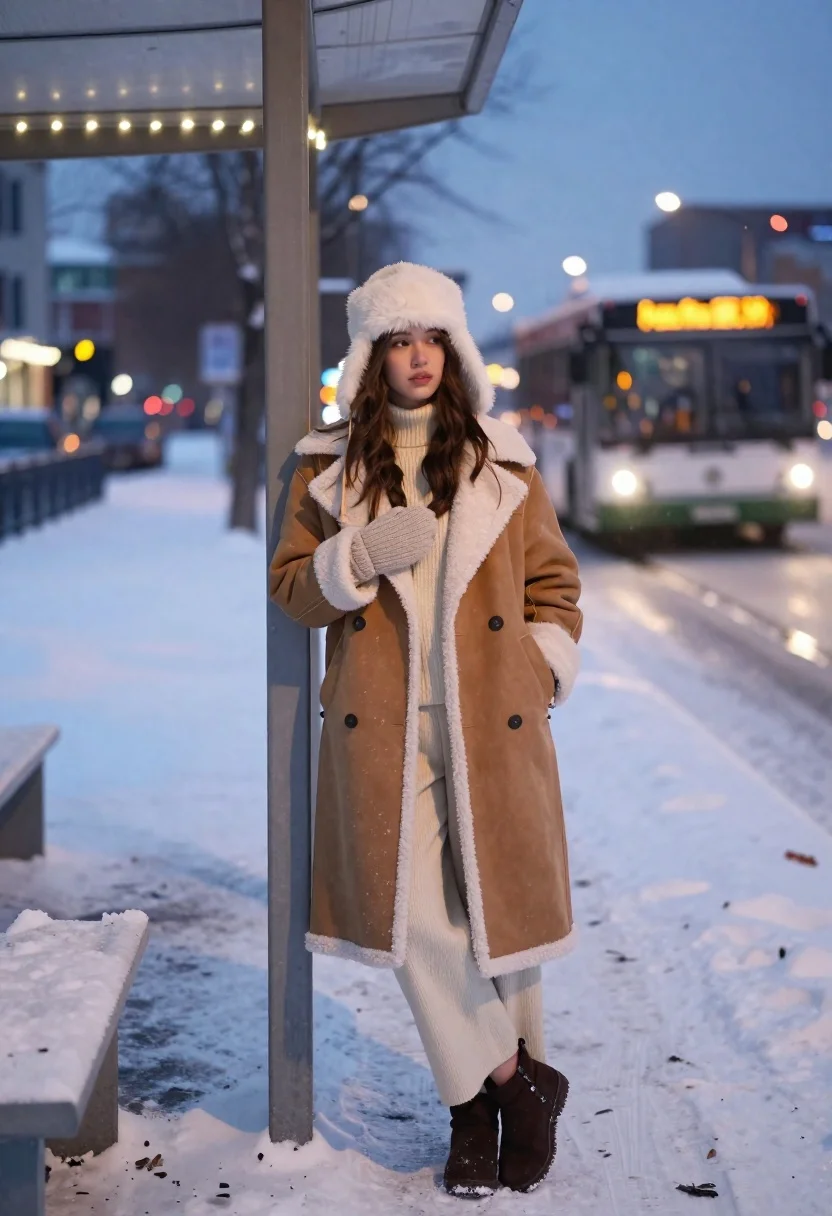 Young woman in shearling coat at snowy bus stop during twilight - AI generated image prompt sample