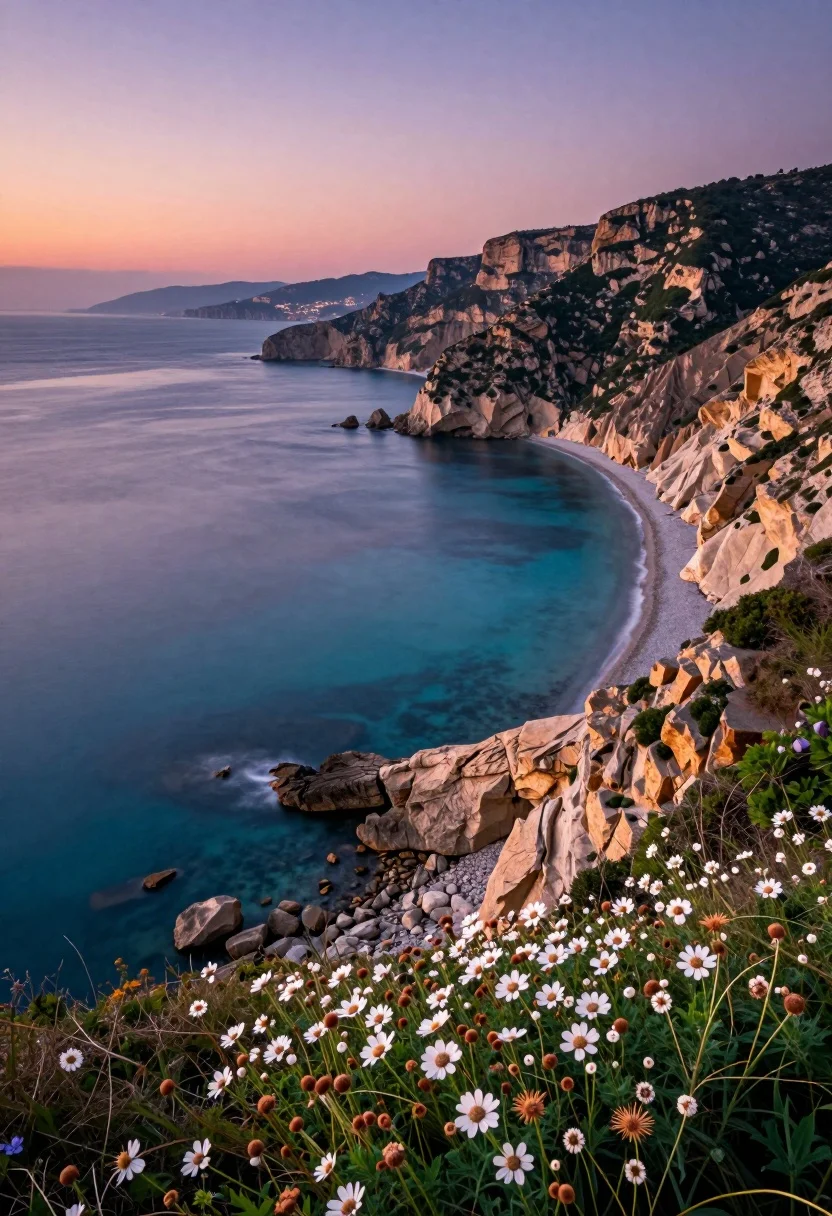 Hyperrealistic view of coastal bay at twilight between cliffs and city - AI generated image prompt sample