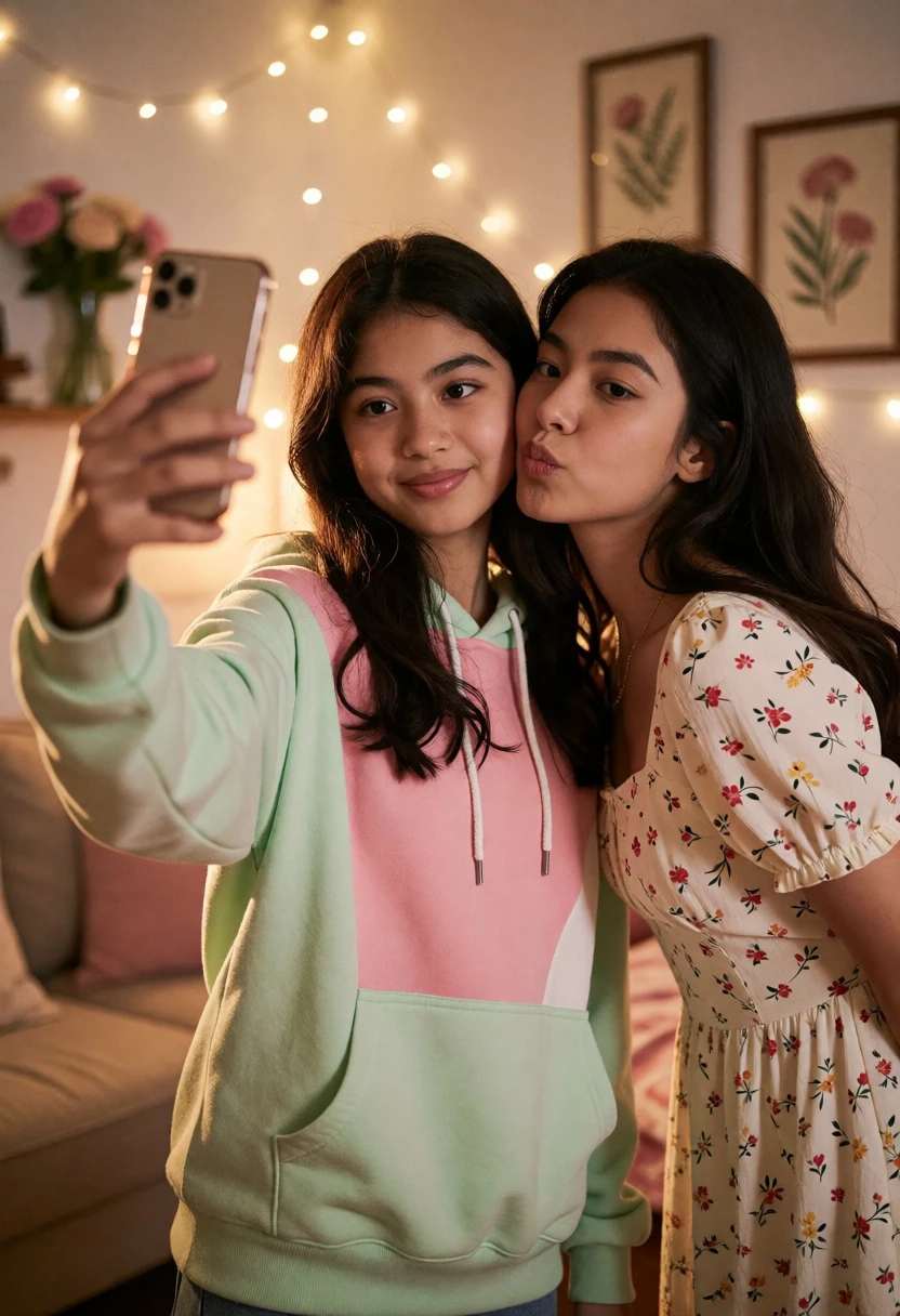 Two young women taking a mirror selfie in a cozy warmly lit - AI generated image prompt sample