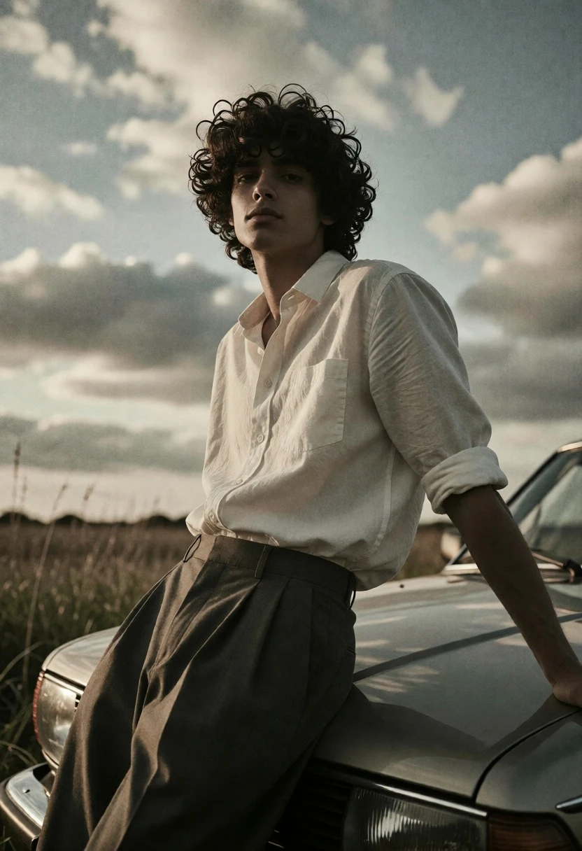 Young man leaning on vintage car fender in open field under cloudy - AI generated image prompt sample