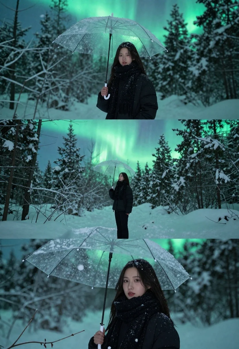 Woman in black puffer jacket holding umbrella under green aurora borealis - AI generated image prompt sample