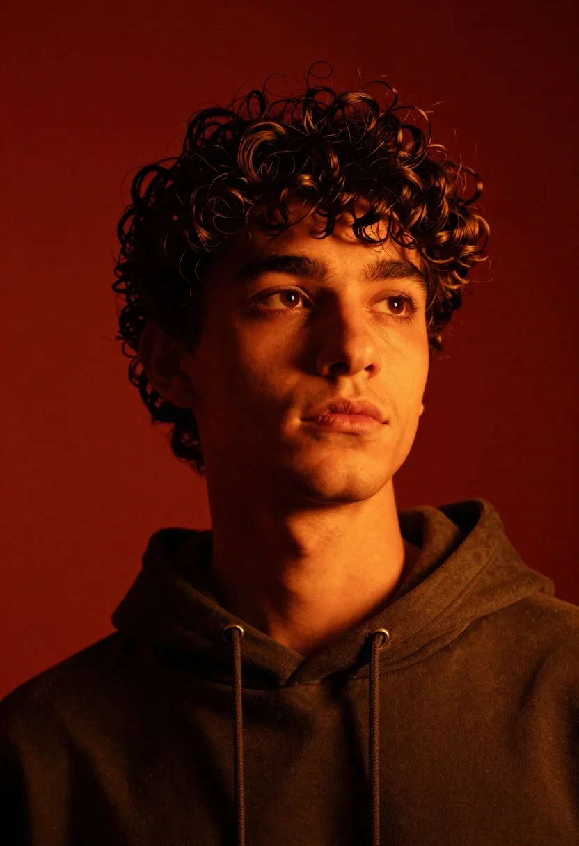 Close up portrait of young man with curly dark hair against red - AI generated image prompt sample