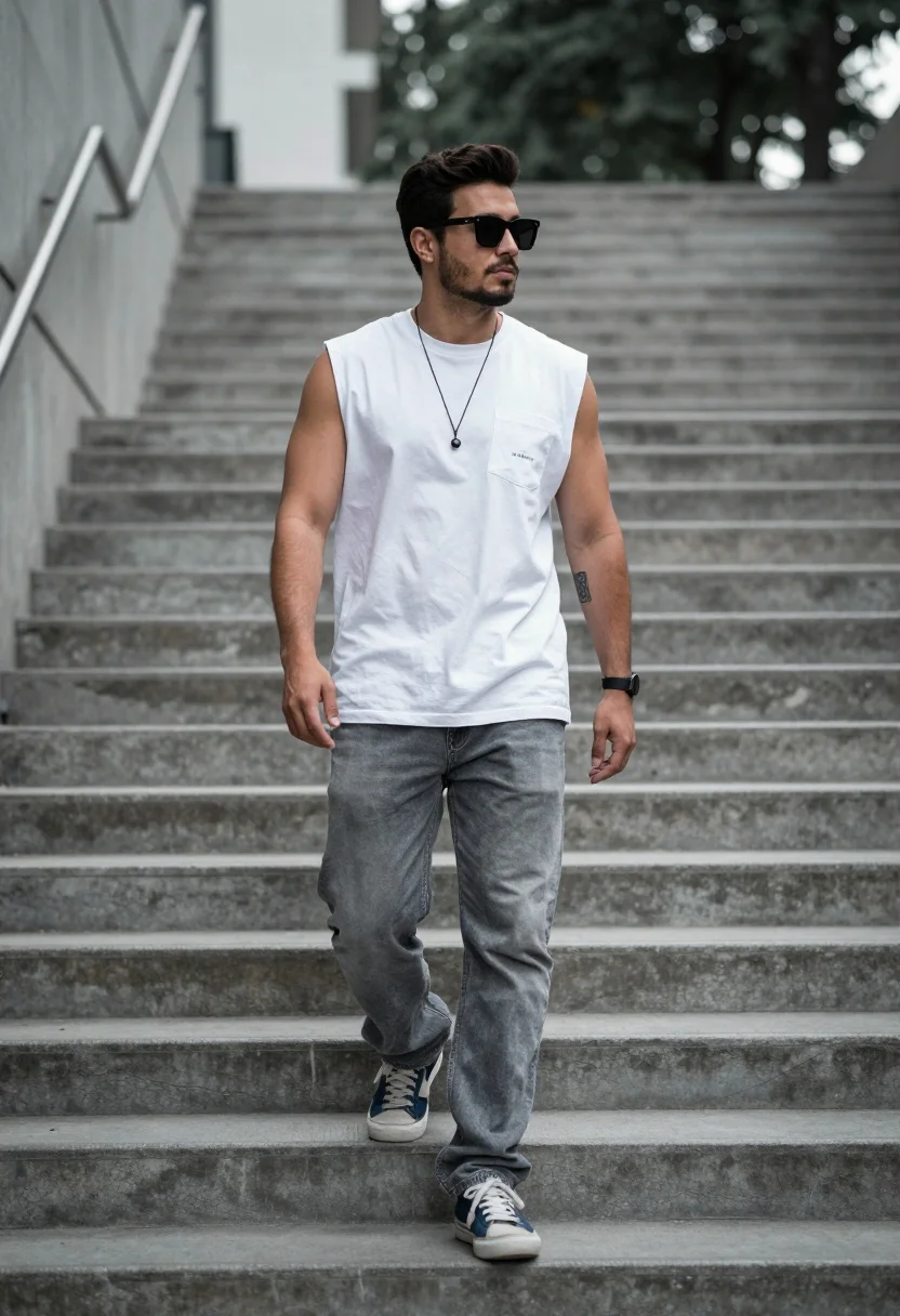 Man walking down concrete stairs in urban setting with white tshirt - AI generated image prompt sample