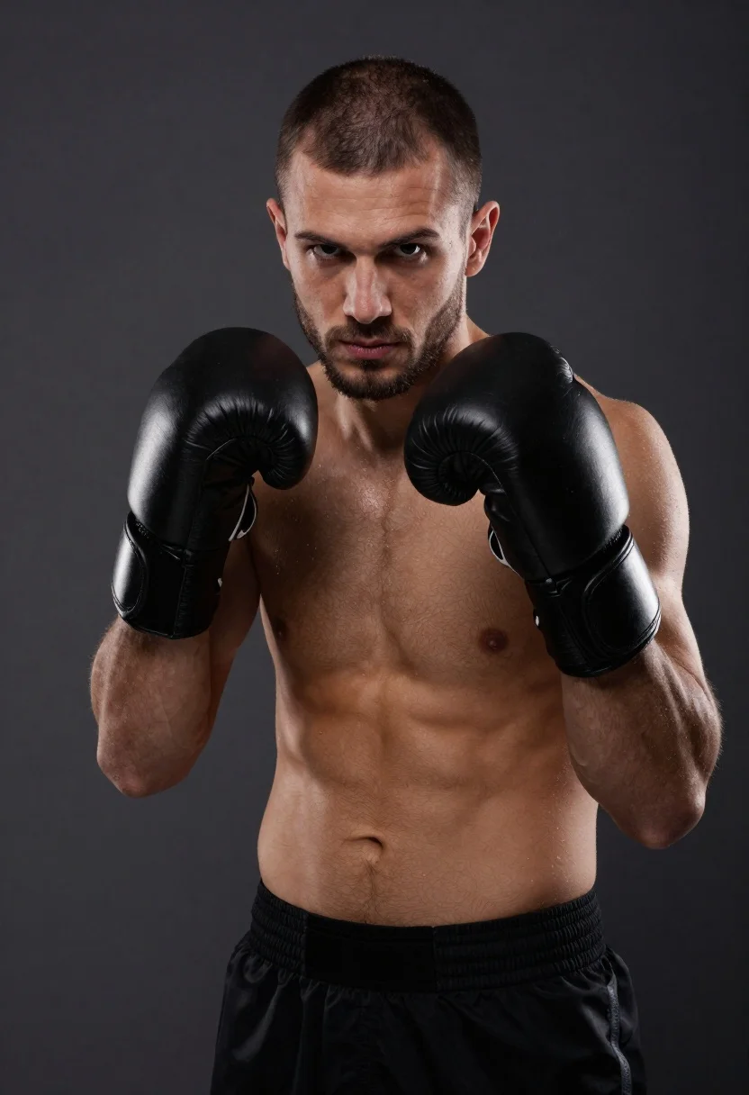 Studio portrait of a muscular boxer in fighting stance