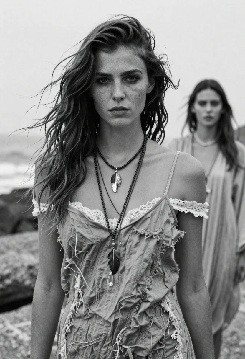 Monochrome portrait of woman in slip dress on rocky terrain - AI generated image prompt sample