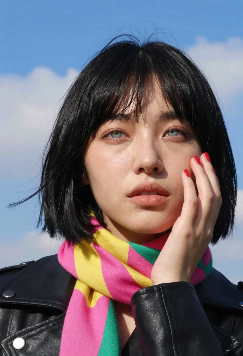 Young woman in black leather jacket with colorful scarf against blue sky - AI generated image prompt sample