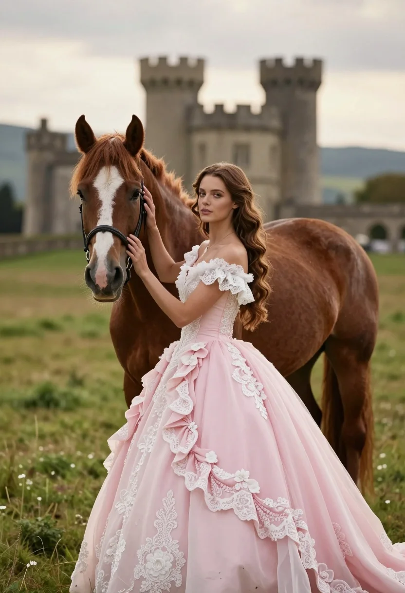 Woman in pink ballgown standing by brown horse near stone castle in - AI generated image prompt sample