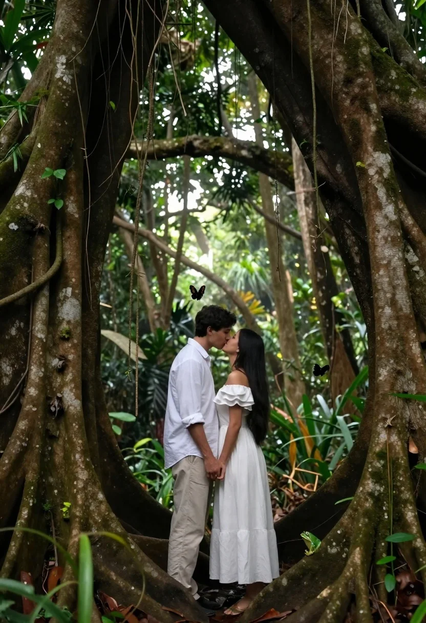 Romantic couple kissing under ancient tree roots in lush rainforest - AI generated image prompt sample