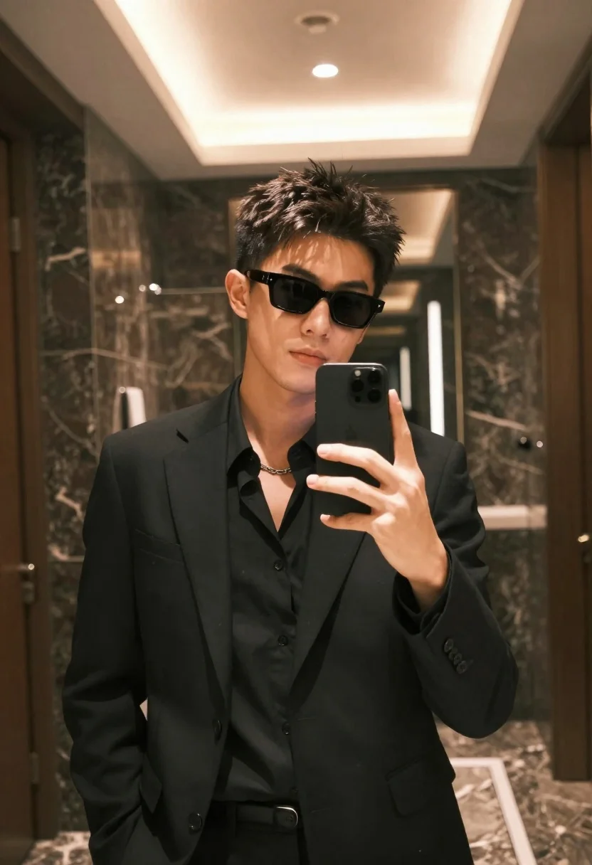 Young man in black suit takes mirror selfie in modern bathroom - AI generated image prompt sample