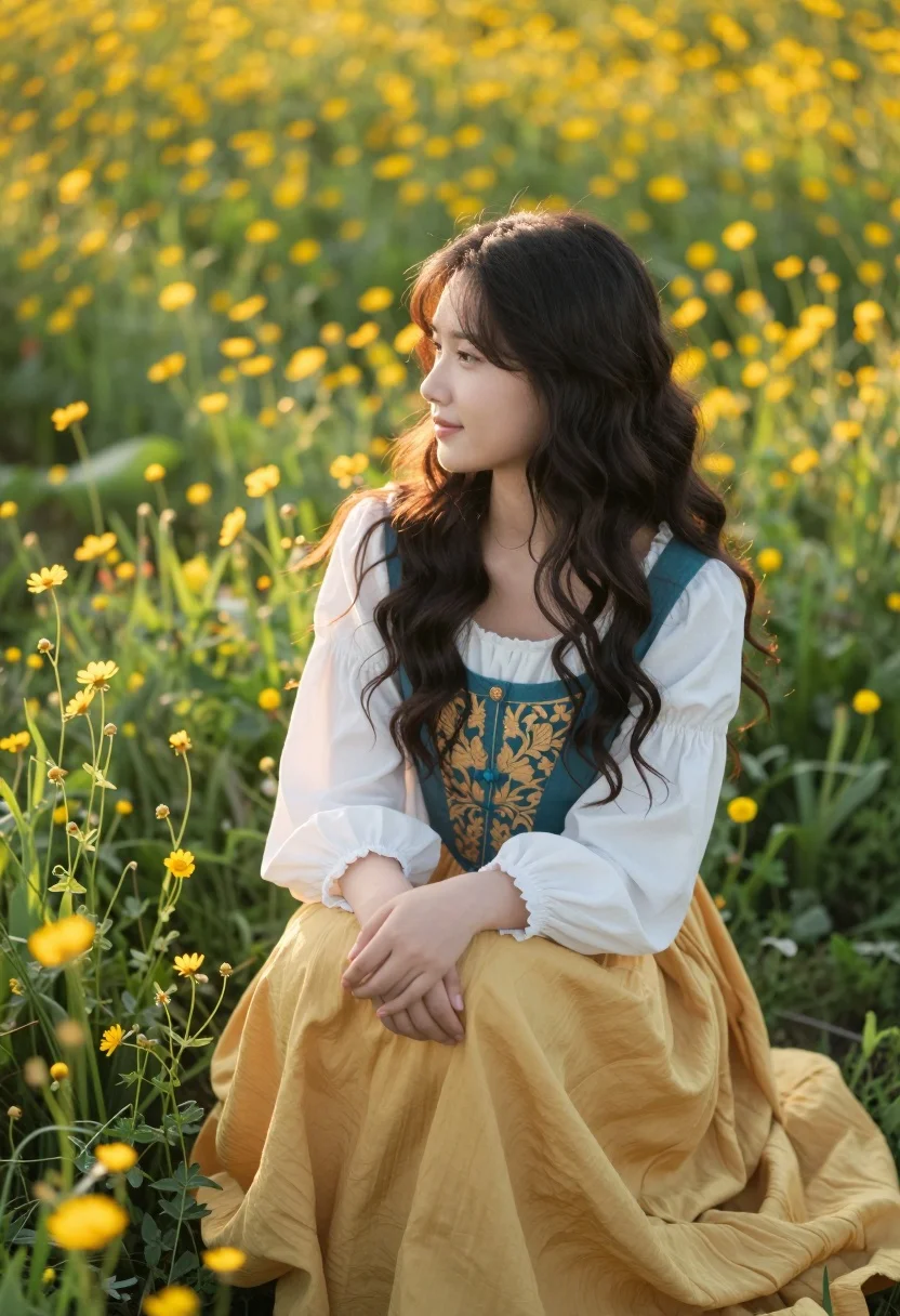 Young woman in period dress sitting in meadow of yellow wildflowers - AI generated image prompt sample