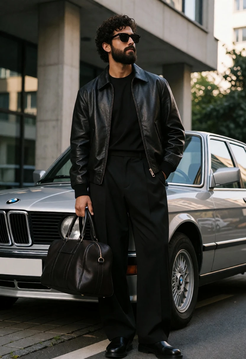 Stylish man leaning against classic silver bmw e3 sedan in urban setting - AI generated image prompt sample
