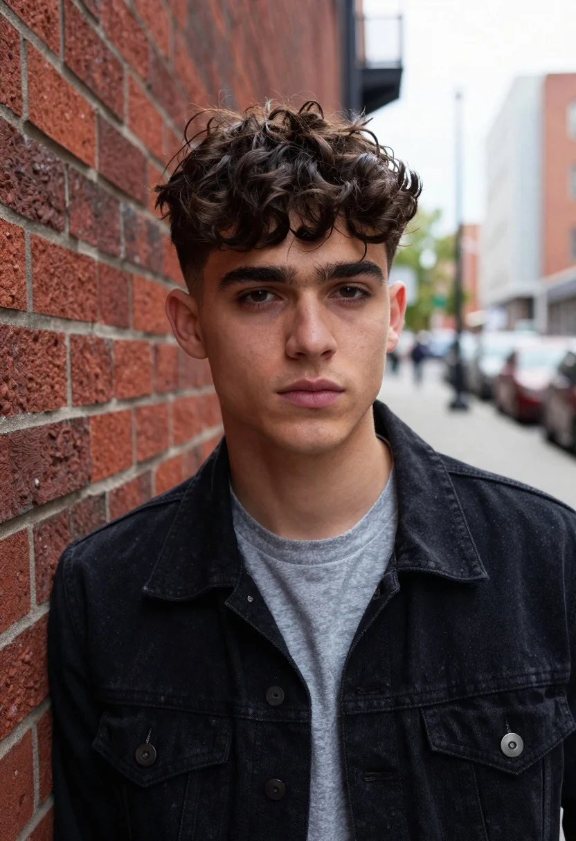Young man leaning against red brick wall in urban street setting - AI generated image prompt sample