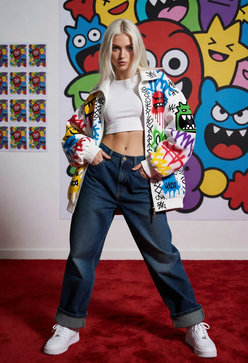 Full body shot of blonde woman in graffiti jacket on red carpet - AI generated image prompt sample