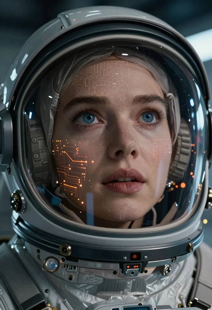 Astronaut portrait with glowing digital circuitry overlay