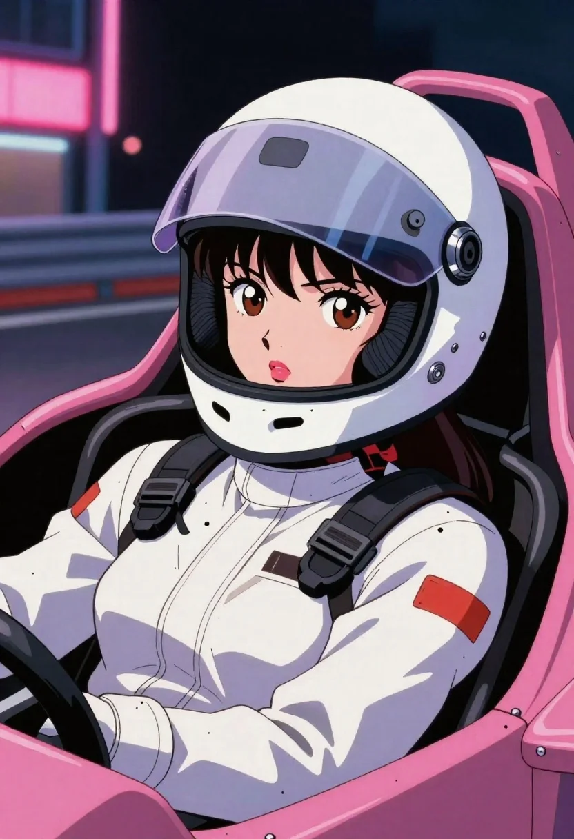 Anime pilot resting inside a pink racing car at night