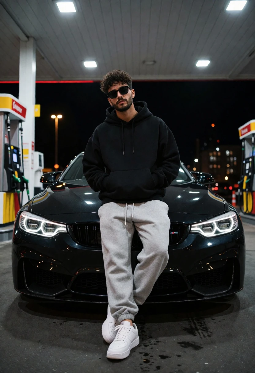 Man leaning against black bmw m4 at a gas station at night - AI generated image prompt sample