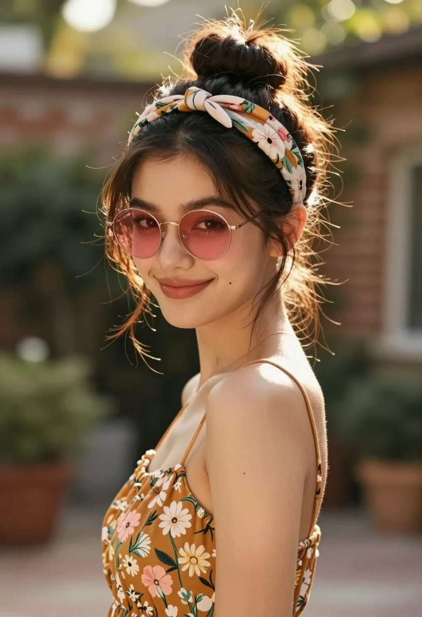 Young woman in floral top smiling over shoulder outdoors at golden hour - AI generated image prompt sample