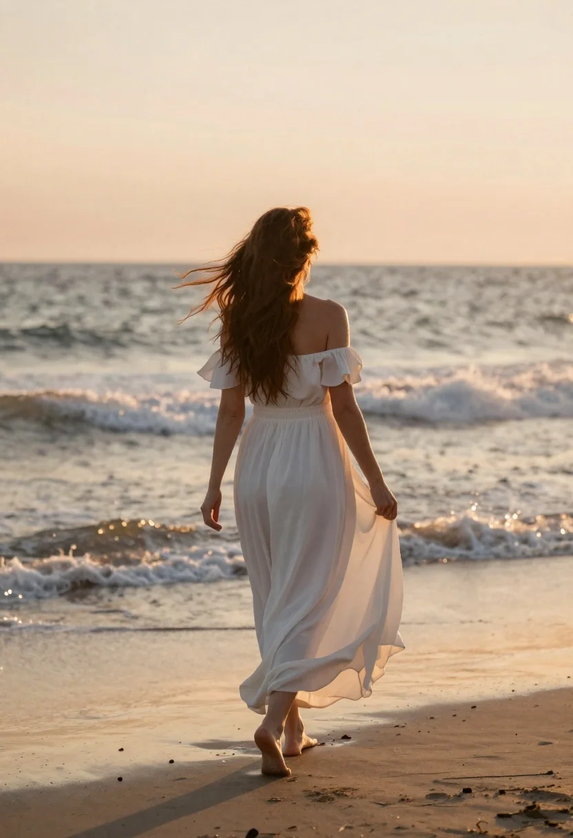 Woman walking on beach at sunset in white dress