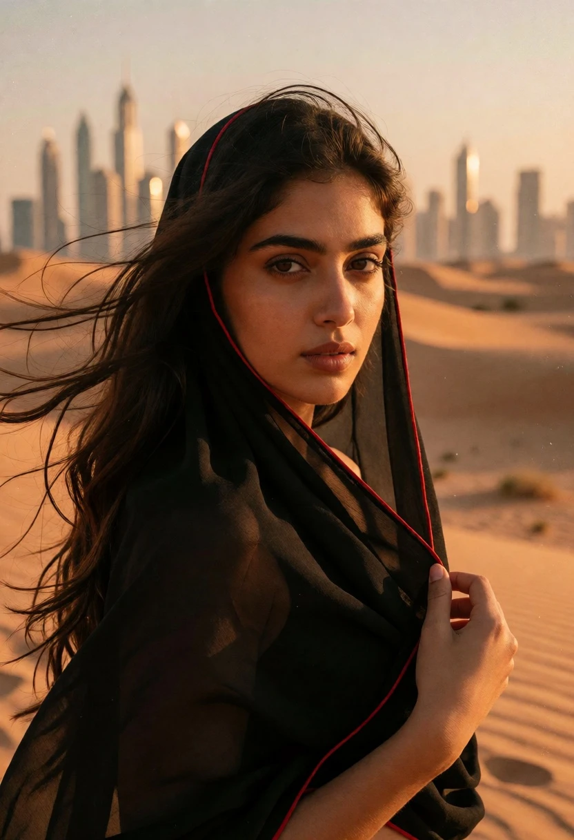 Young woman with dark hair in desert facing city skyline at golden - AI generated image prompt sample