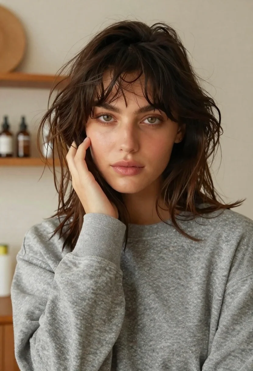 Closeup portrait of young woman in grey sweatshirt indoors - AI generated image prompt sample