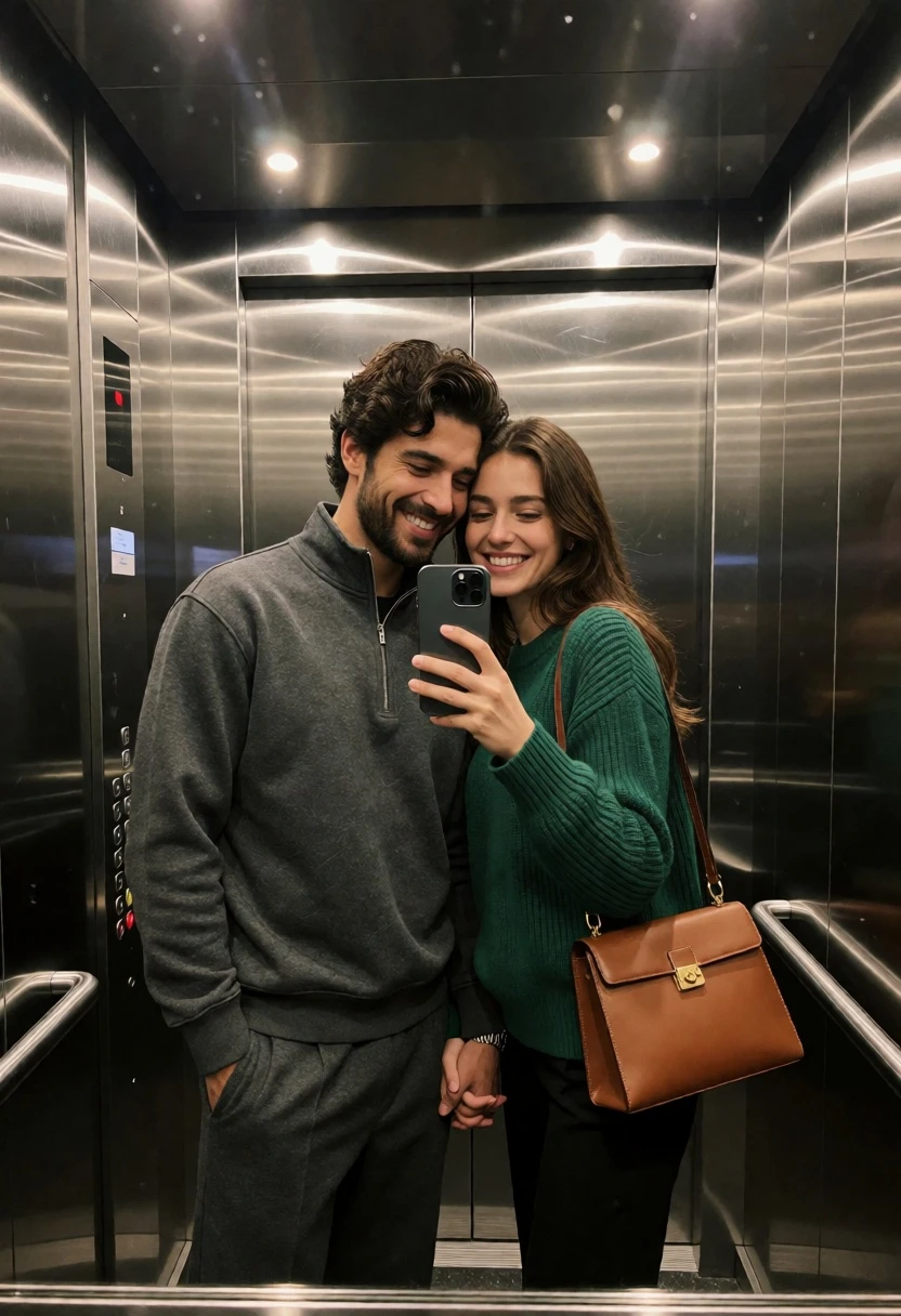 Couple taking mirror selfie inside modern elevator with steel walls - AI generated image prompt sample