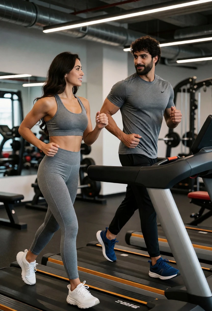 Fit couple jogging side by side on treadmills in a modern gym - AI generated image prompt sample