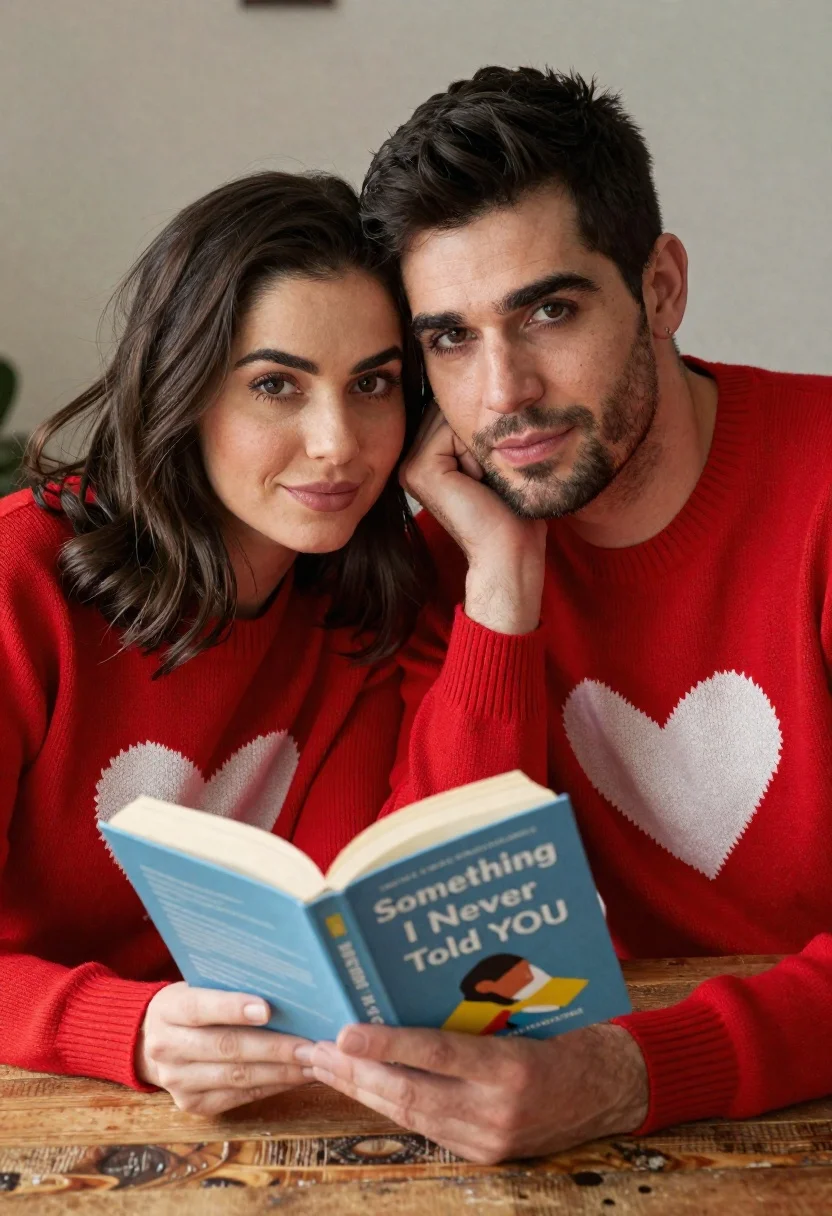 Couple in red sweaters reading a book together at a table - AI generated image prompt sample
