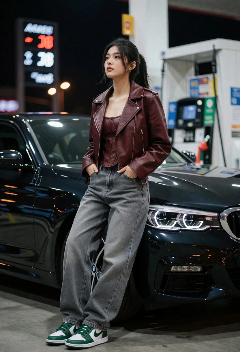 Young woman leaning against black bmw sedan at a gas station at - AI generated image prompt sample