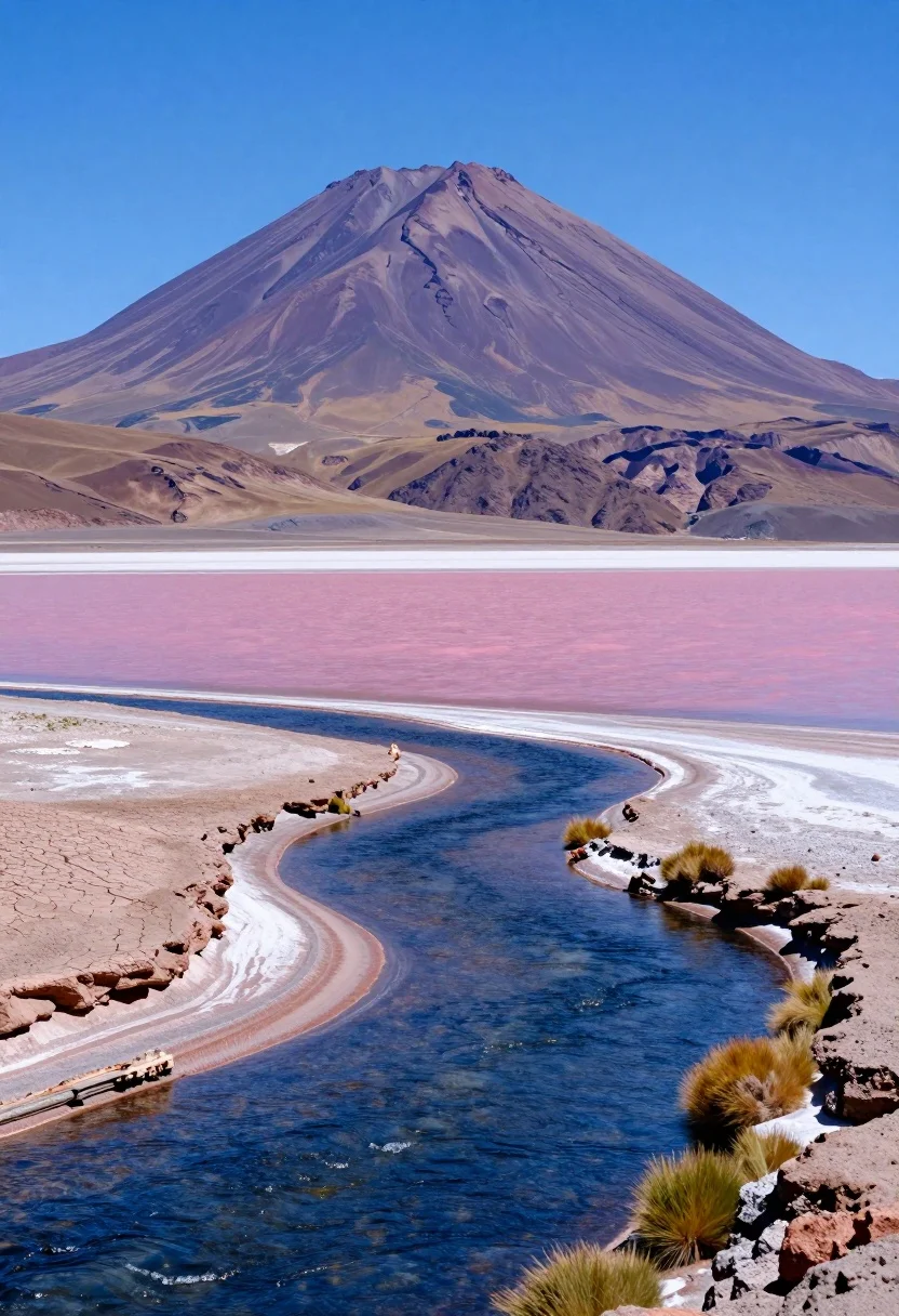 Vast landscape of pink lake flowing into blue stream near purple mountain - AI generated image prompt sample