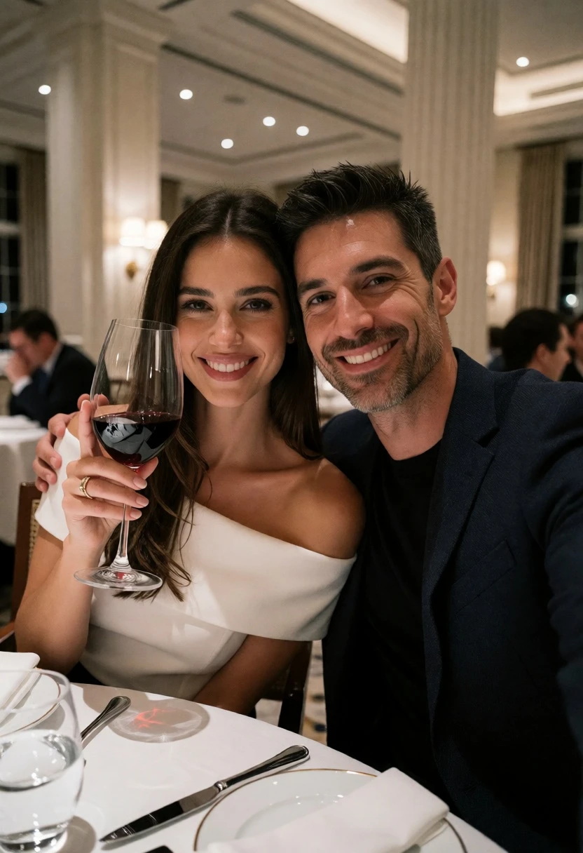 Couple smiling closely at white dining table in upscale formal restaurant setting - AI generated image prompt sample